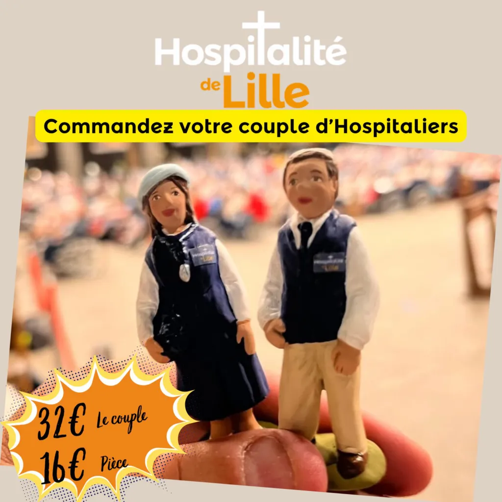 Affiche « Commandez votre couple d’hospitaliers » : les santons Fabienne et Clément, 32 € le couple, 16 € pièce